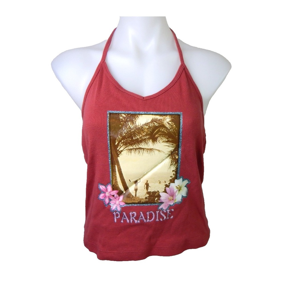 Old Navy Women Large Halter Tank Top Vintage Y2K Glitter Graphic Beach Paradise